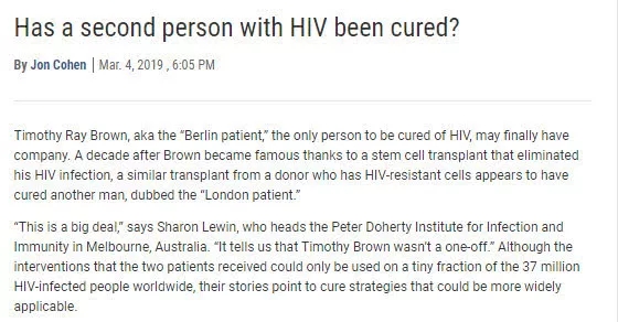 第二例艾滋病患者被“治愈”?